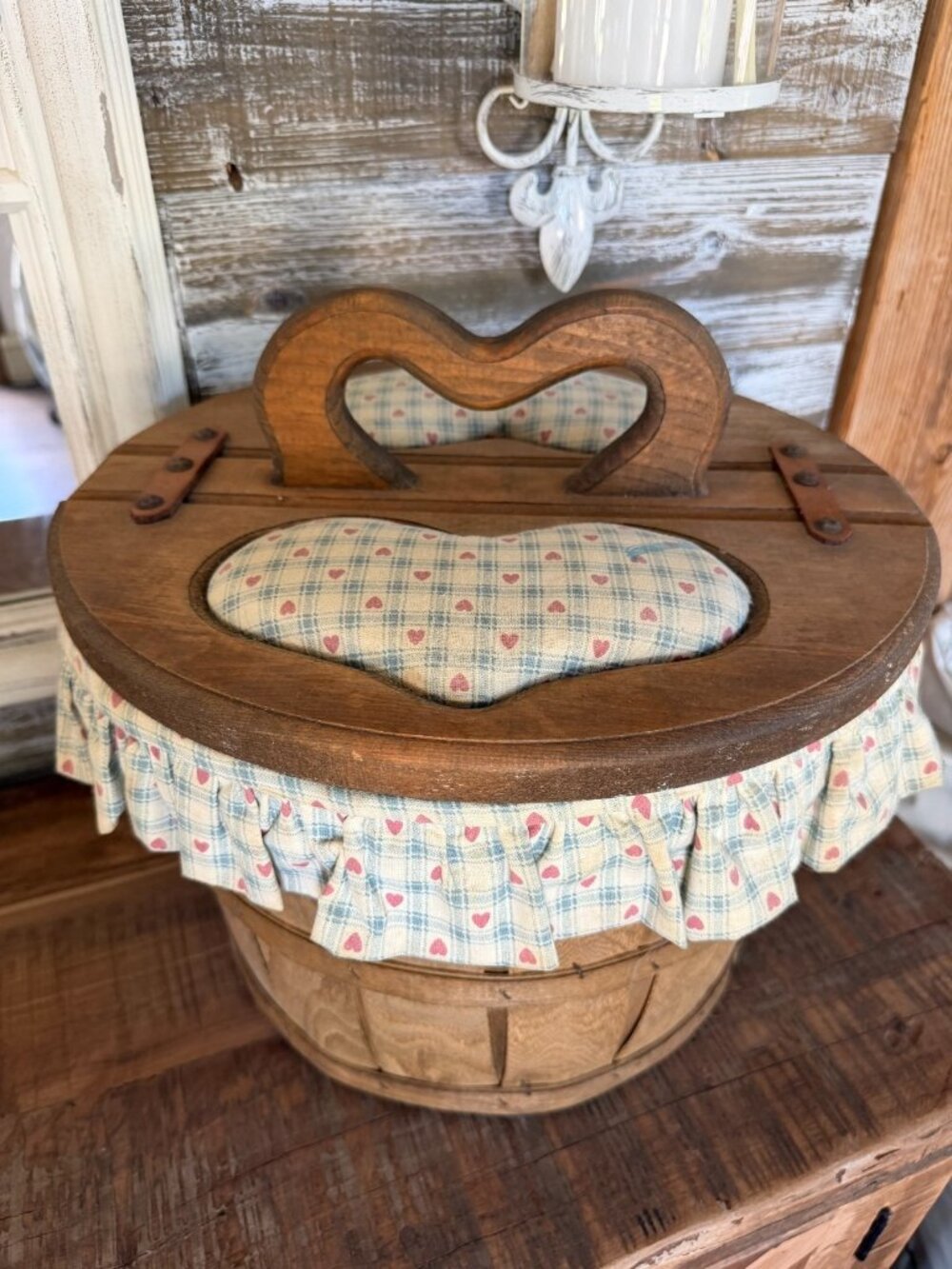 Vintage Grandmacore Bushel Basket Split Wood Lid Lined Plaid Hearts Sewing Yarn